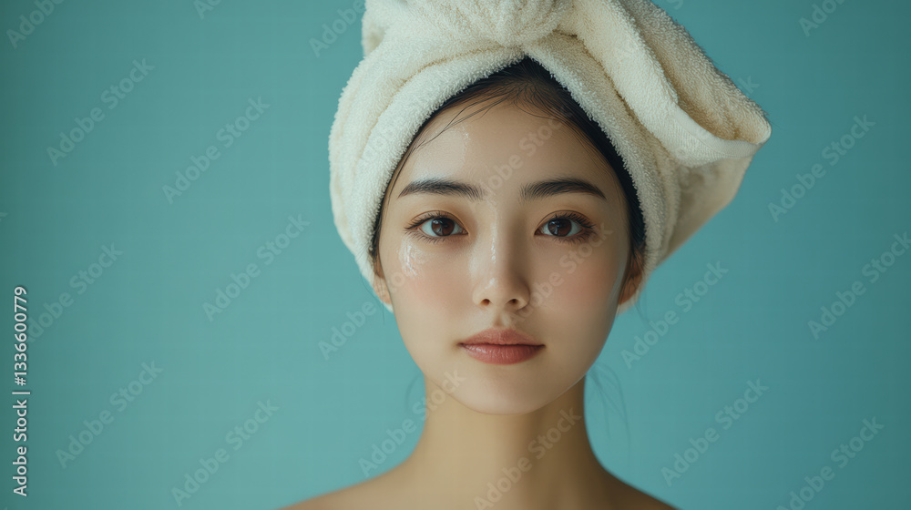 serene portrait of young woman with towel on her head, showcasing her natural beauty and glowing skin against soft blue background. Her expression conveys calmness and freshness serene portrait of young woman with towel on her head, showcasing her natural beauty and glowing skin against soft blue background. Her expression conveys calmness and freshness
