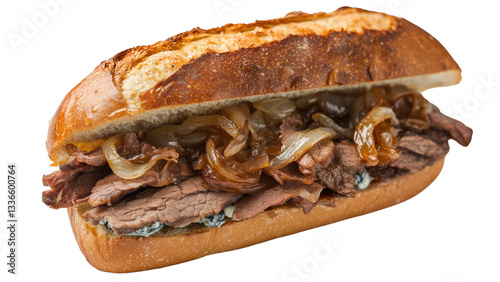A roast beef and blue cheese sandwich with caramelized onions on ciabatta
