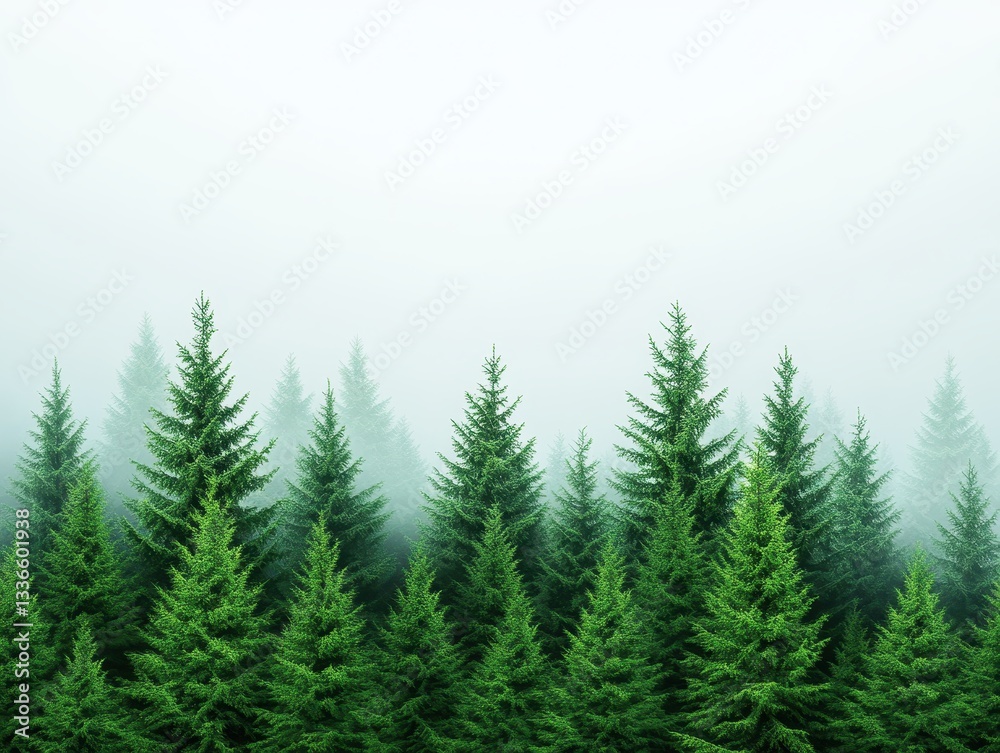 Dense evergreen forest shrouded in mist with a serene atmosphere Dense evergreen forest shrouded in mist with a serene atmosphere