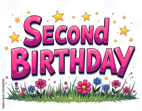 Pink second birthday lettering design, Girl 2nd birthday wording text Pop art Vector illustration, abstract background, floral Colorful word graffiti background, happy birthday card 