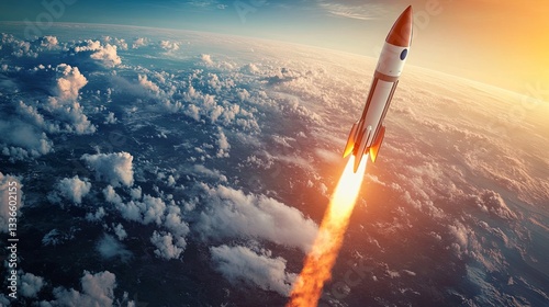 Flying rocket in space over planet Earth