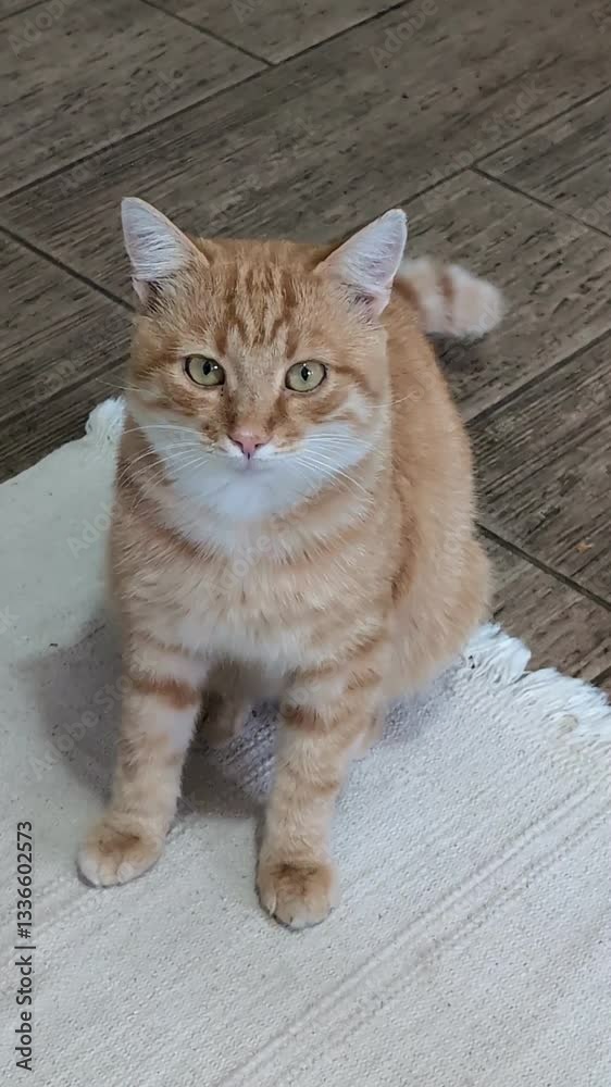 Topsy le chat à la maison. Assis sur son tapis, les yeux grands ouverts, il exprime son amour avec son regard chaleureux.