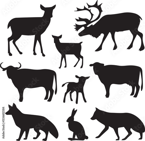 Wildlife animals vector set in natural habitat lion, tiger, elephant, zebra, giraffe, deer, bear, wolf, fox, monkey, leopard, eagle, owl, rhino, nature, safari, jungle, forest, exotic vector design