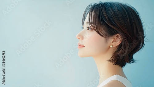青い背景にショートヘアの若い女性の横顔