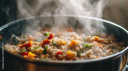 Fragrant Jasmine Rice with Fresh Vegetables Steaming in a Pot on the Stove photo