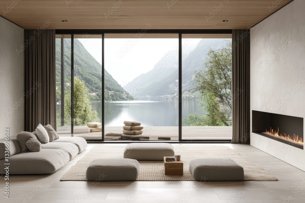 Fototapeta premium Modern Minimalist Living Room with Panoramic Lake View