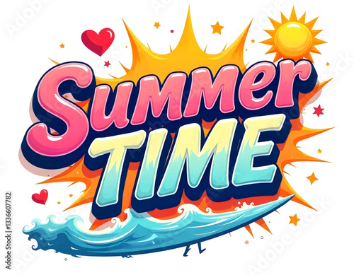 Retro colorful Summer time lettering design, summer wording text, Pop art Vector illustration of Beach please, abstract background, Colorful word graffiti with splash background	