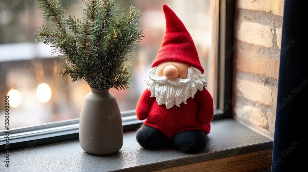 Fototapeta premium Christmas Gnome Ornament on Windowsill