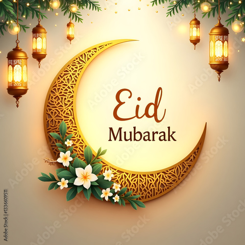 Elegant Eid Mubarak Greeting Card with Golden Crescent & Islamic Calligraphy