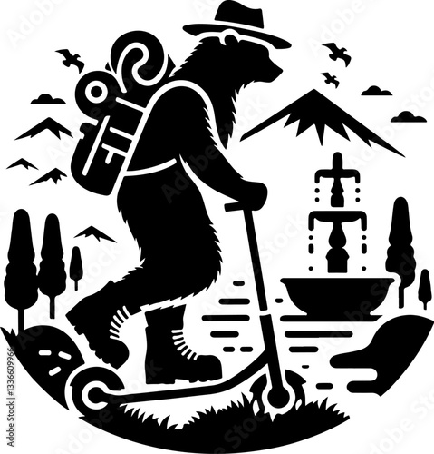 Scooter Riding Bear Black White Art : Vector of a bear on a scooter with a backpack, merging wildlife and urban vibes in a scenic outdoor setting for adventure lovers.


