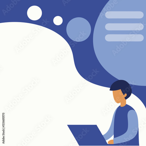 A minimalist illustration of a person working on a laptop, surrounded by abstract shapes in a blue theme