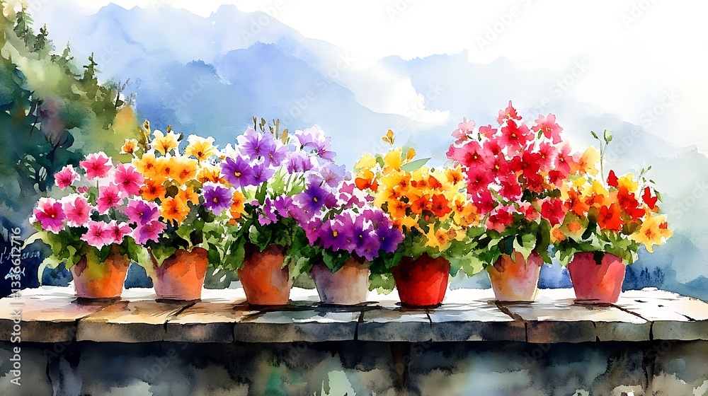 Fototapeta premium Vibrant Flower Pots Balcony Mountain View