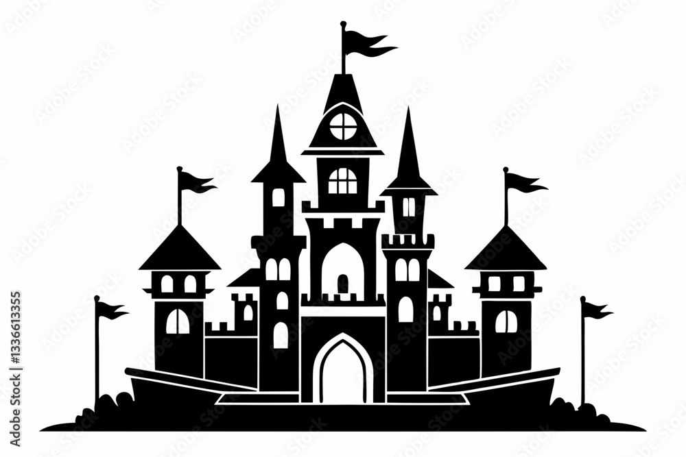 silhouette of a castle with tower and flags silhouette of a castle with tower and flags