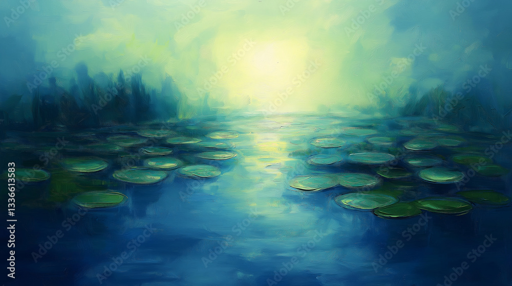 Fototapeta premium Serene Lily Pads at Dawn - Impressionist Landscape Painting