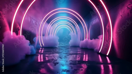 Neon tunnel, vibrant, futuristic, and stylish.  Abstract,  reflective,  and  smoky