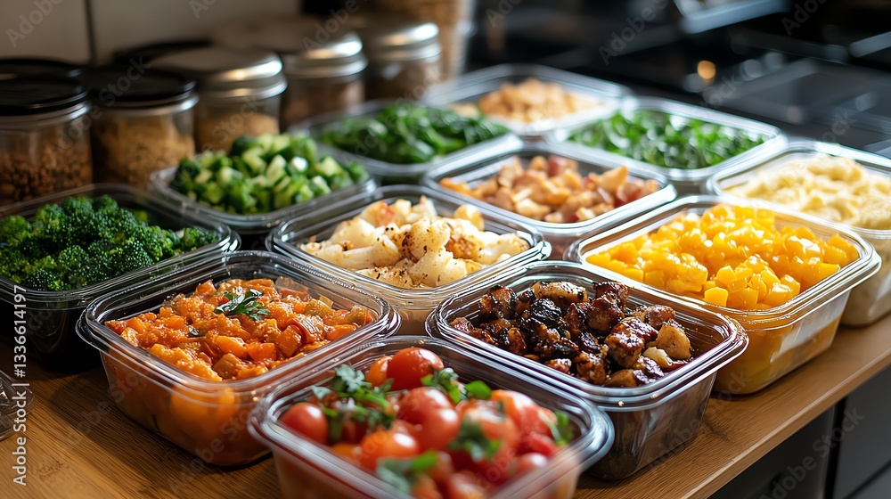 Obraz premium A meal prep setup with healthy portions in containers, promoting clean eating