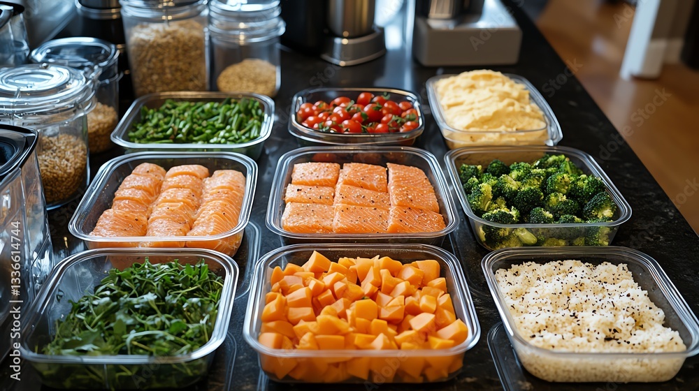 Obraz premium A meal prep setup with healthy portions in containers, promoting clean eating