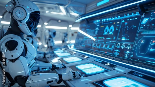Futuristic robot operating a high-tech control panel.