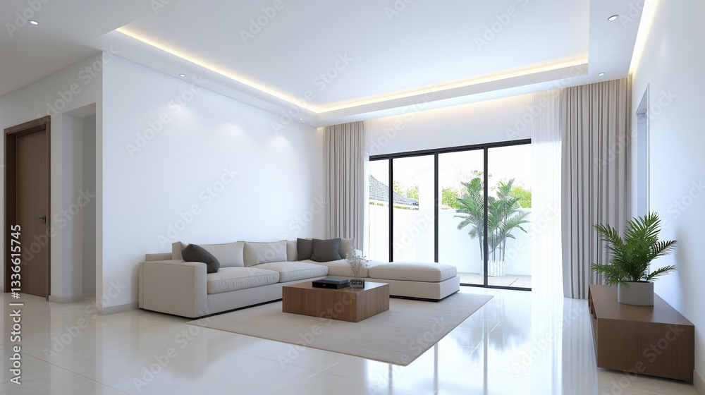 Fototapeta premium Modern living room with a large window on the right side. the window has white curtains and offers a view of the greenery outside.