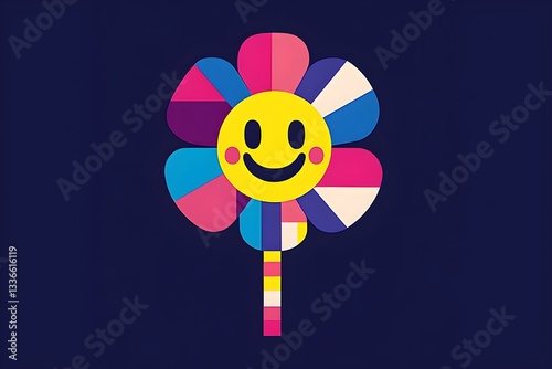 colorful pixel flower smiley face playful abstract shapes pop art aesthetic minimal background