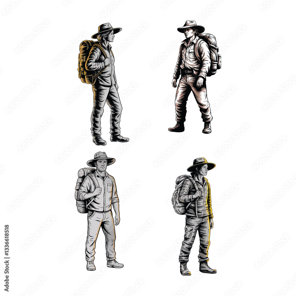 Fototapeta premium Detailed Hiker with Backpack Illustration Outdoor Adventure Line Art Views