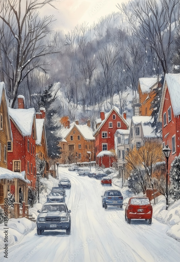 Fototapeta premium Watercolor, winter city street in the old town.