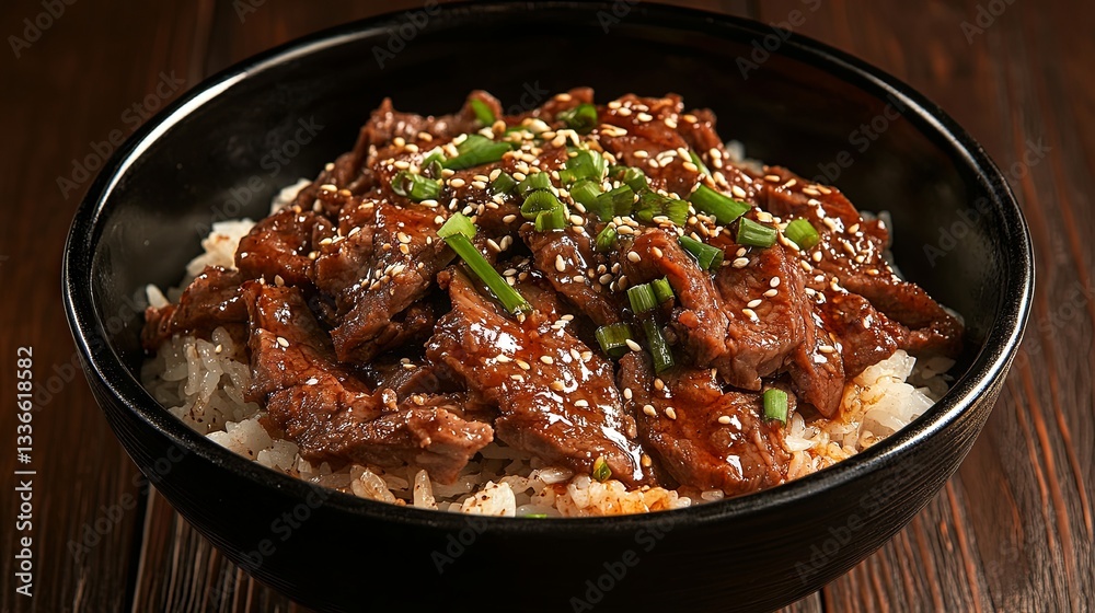 Bulgogi, a Korean barbecue dish featuring thinly sliced beef, pan-fried to perfection, garnished with sesame seeds and scallions, and served with long-grain rice in a black bowl Bulgogi, a Korean barbecue dish featuring thinly sliced beef, pan-fried to perfection, garnished with sesame seeds and scallions, and served with long-grain rice in a black bowl