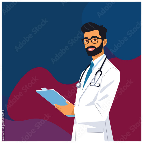 Illustrated online medical service concept with woman on laptop talking to online doctor from home. Vector illustration