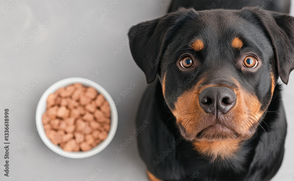 Fototapeta premium Black Rottweiler sits in front of a bowl full of food and looks at the camera. Concept of healthy eating and joy of pets.