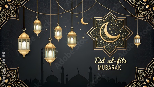 Eid al- Fitr  Mubarak Greeting Card with Golden Lanterns and Islamic Patterns Greeting Card with Golden Lanterns and Islamic Patterns 