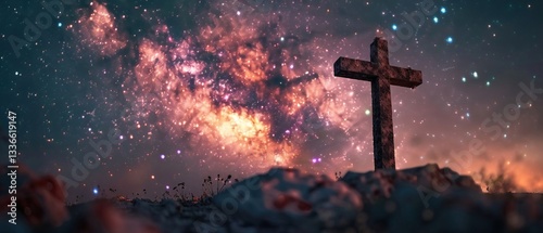 Cross with a starry sky above glowing warmth