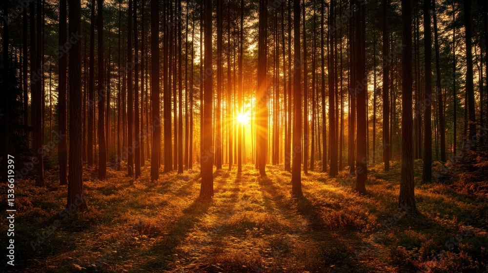 Naklejka premium Golden Hour in the Pine Forest: A Sunset Serenade