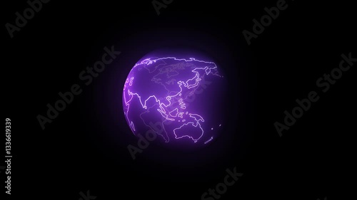 A glowing purple digital globe with neon outlines of continents, floating in a dark futuristic space, symbolizing global technology and networking.