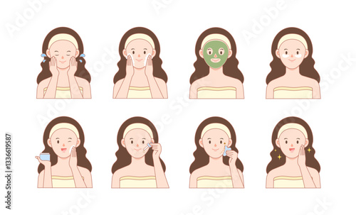stock vector illustration cute female faces and various skin care collection with white background