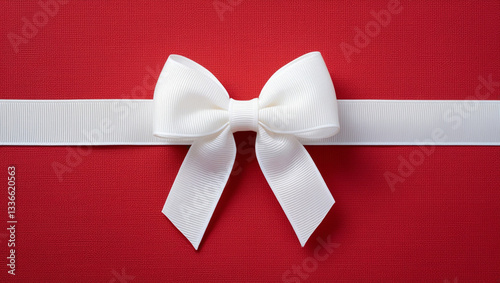 Elegant white bow with grosgrain ribbon on red textured background