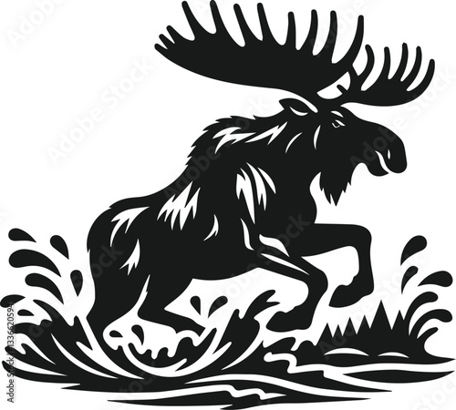 Moose aggressively through a river vector silhouette illustration