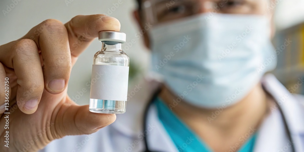 scientists holds medicine vial with blank label scientists holds medicine vial with blank label