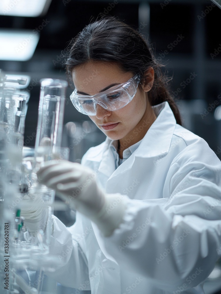 Young woman in a laboratory setting. she is wearing a white lab coat and safety goggles, and is holding a test tube in her hand. Young woman in a laboratory setting. she is wearing a white lab coat and safety goggles, and is holding a test tube in her hand.