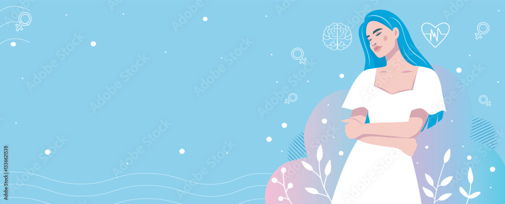 Beautiful woman in therapy hugs herself and is in harmony, calm in heart and pure in thoughts. Women's mental health. Vector illustration for Mental Health Day. For health and psychology projects Beautiful woman in therapy hugs herself and is in harmony, calm in heart and pure in thoughts. Women's mental health. Vector illustration for Mental Health Day. For health and psychology projects