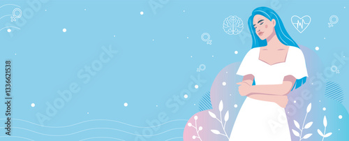 Beautiful woman in therapy hugs herself and is in harmony, calm in heart and pure in thoughts. Women's mental health. Vector illustration for Mental Health Day. For health and psychology projects