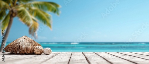 Wallpaper Mural Close-up of a wooden table with a thatched umbrella and two seashells on it. the table is located on a tropical beach with crystal clear blue water and a palm tree in the background. Torontodigital.ca