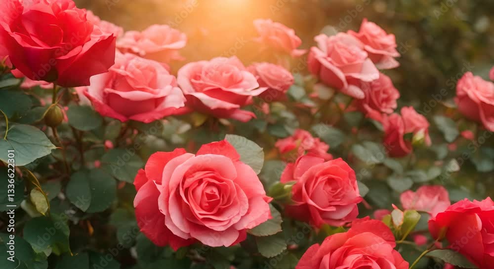 Roses with a bright red color in a beautiful plantation glistening with morning dew surrounded by lush green leaves 4K Roses with a bright red color in a beautiful plantation glistening with morning dew surrounded by lush green leaves 4K