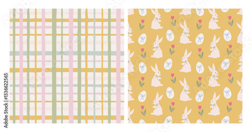 Set of easter seamless patterns with rabbits, eggs, tulips flowers, bow knots. Modern retro tartan background. Fabric textile print. Surface cover design.