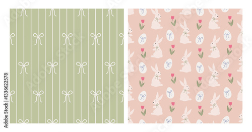 Set of easter seamless patterns with rabbits, tulips flowers and bow knots. Modern retro background. Fabric textile print. Surface cover design.