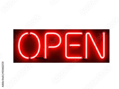 red neon open sign on wall on a transparent background