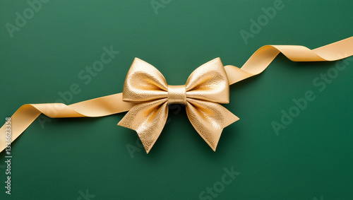 Luxurious golden bow with ribbon on green background
