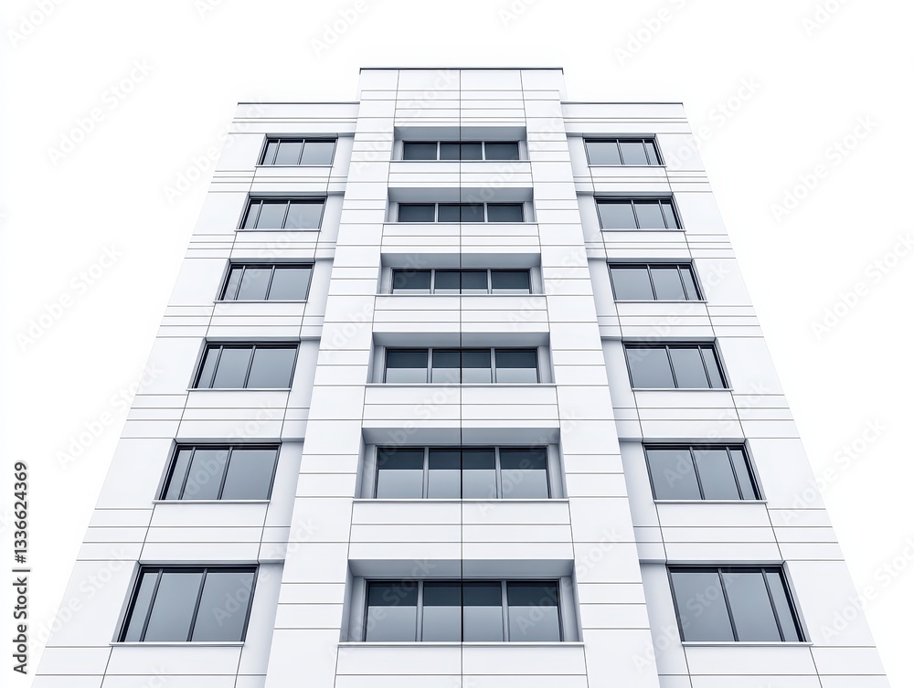 Modern white building with multiple windows against a clear sky backdrop Modern white building with multiple windows against a clear sky backdrop