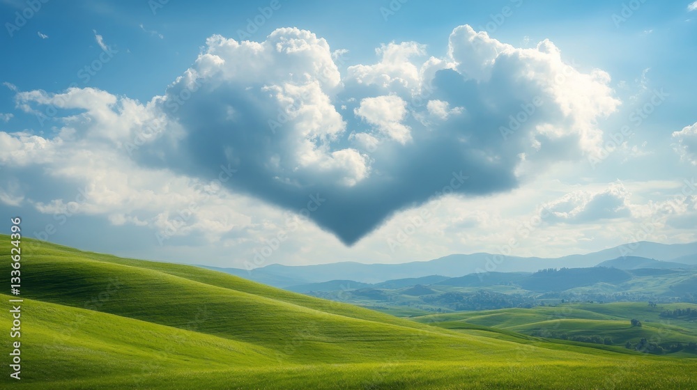 Serene heart shaped cloud above lush green hills, capturing nature s tranquil beauty Serene heart shaped cloud above lush green hills, capturing nature s tranquil beauty