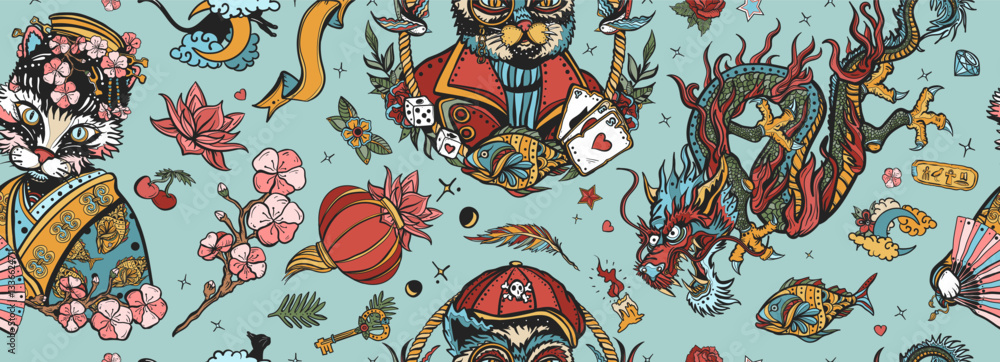 Cats and dragon pattern.  Asian art style. Traditional oriental tattooing background. Seamless pattern. Portrait of kitty geisha princess and sailor cat. Old school tattoo