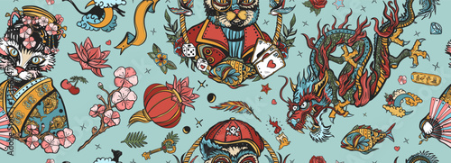 Cats and dragon pattern.  Asian art style. Traditional oriental tattooing background. Seamless pattern. Portrait of kitty geisha princess and sailor cat. Old school tattoo